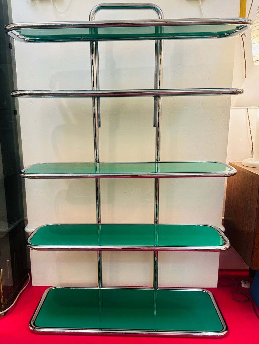 1970s Swiss Five Shelf Polished Tubular Polished Chrome & Green Perspex Shelving Unit Usm Haller Style photo for sale