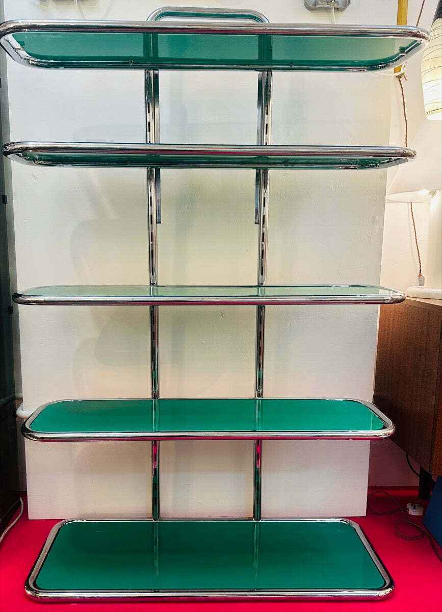 1970s Swiss Five Shelf Polished Tubular Polished Chrome & Green Perspex Shelving Unit Usm Haller Style photo 1475.0