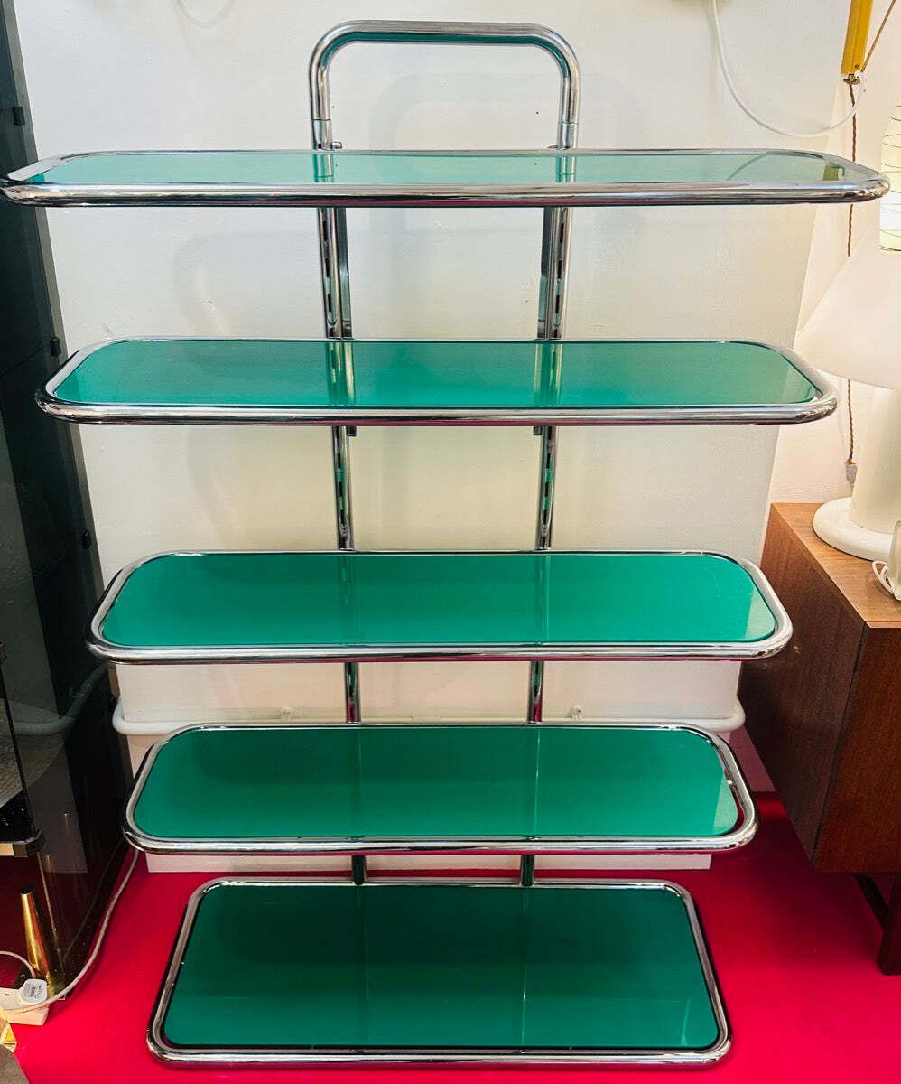1970s Swiss Five Shelf Polished Tubular Polished Chrome & Green Perspex Shelving Unit Usm Haller Style photo buy