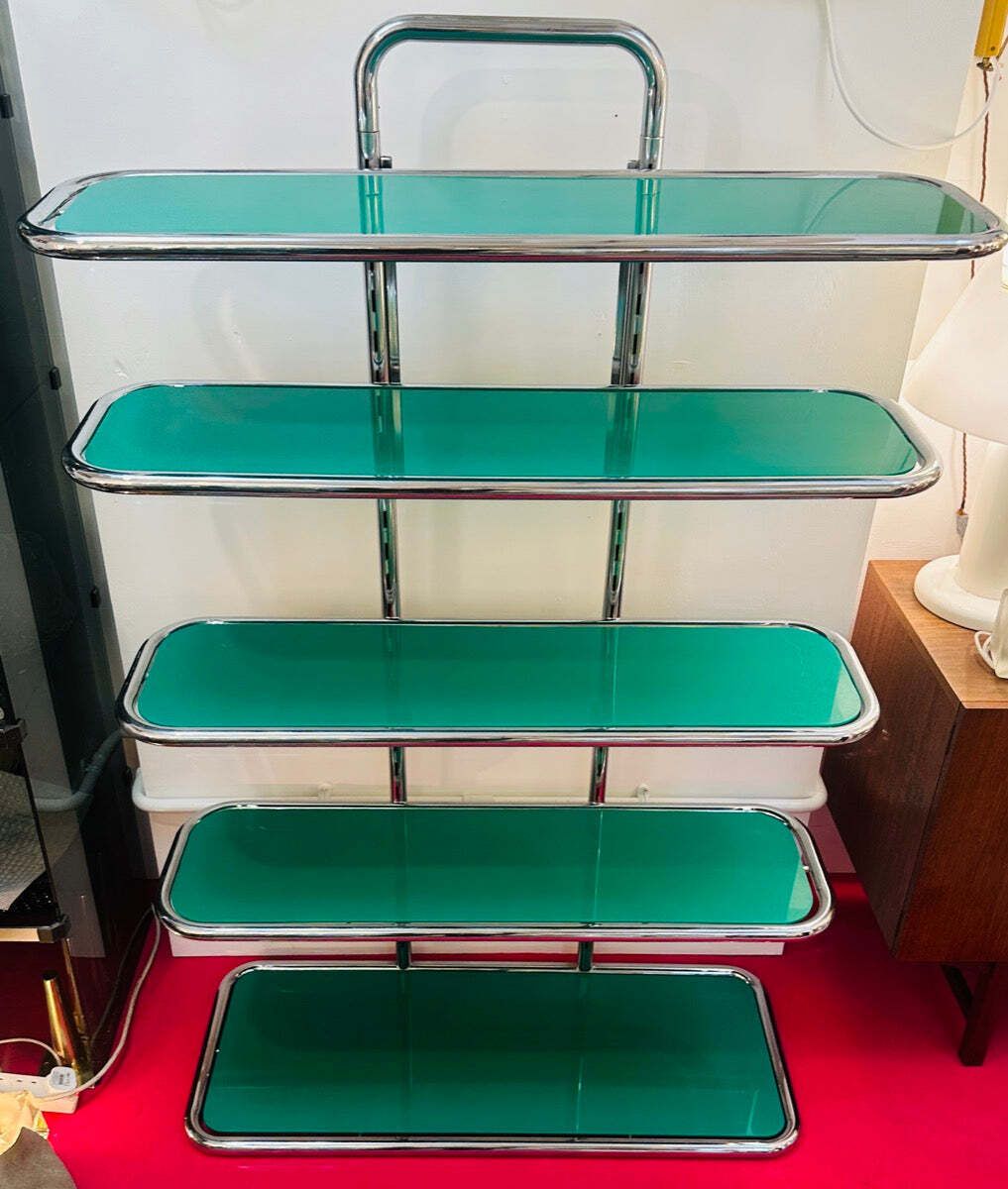 1475.0 1970s Swiss Five Shelf Polished Tubular Polished Chrome & Green Perspex Shelving Unit Usm Haller Style photo