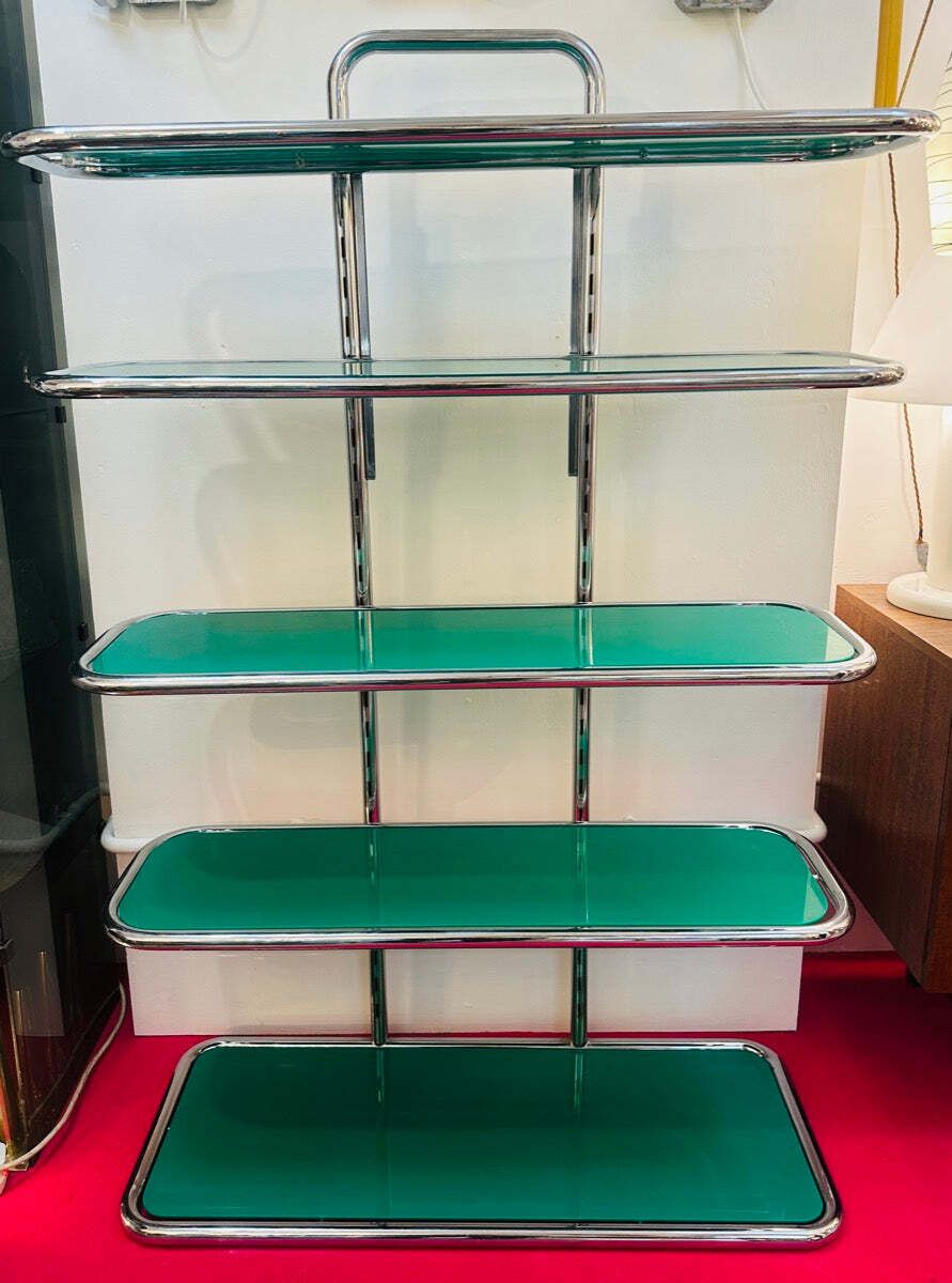 photo buy 1970s Swiss Five Shelf Polished Tubular Polished Chrome & Green Perspex Shelving Unit Usm Haller Style