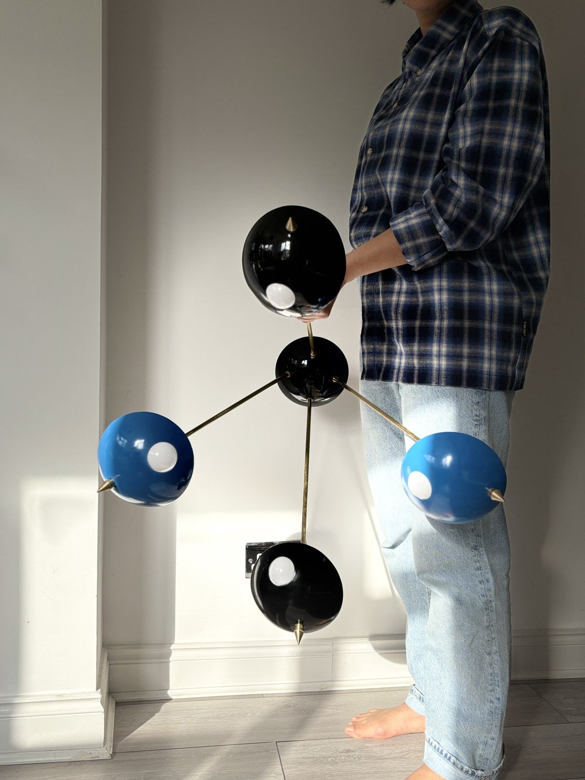 Space Age Chandelier In Brass And Lacquered Aluminium  Stilnovo Style, Italy 1958