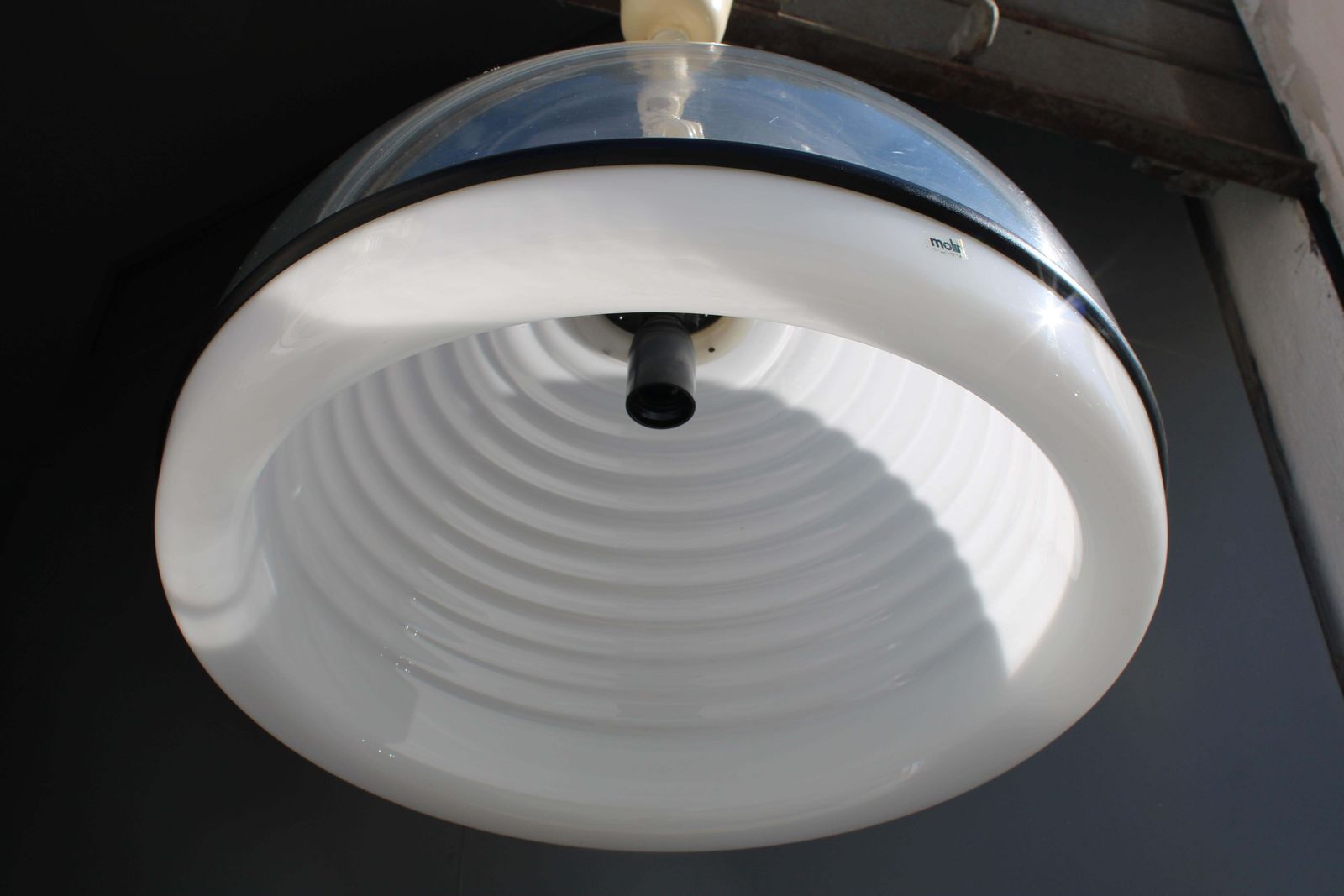 Chandelier With Transparent Cap And Wavy White Italy 1970 Sottsass Style photo Lighting