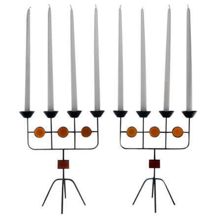 Gunnar Ander Pair Of Red Glass And Wrought Iron Candelabra photo furniture