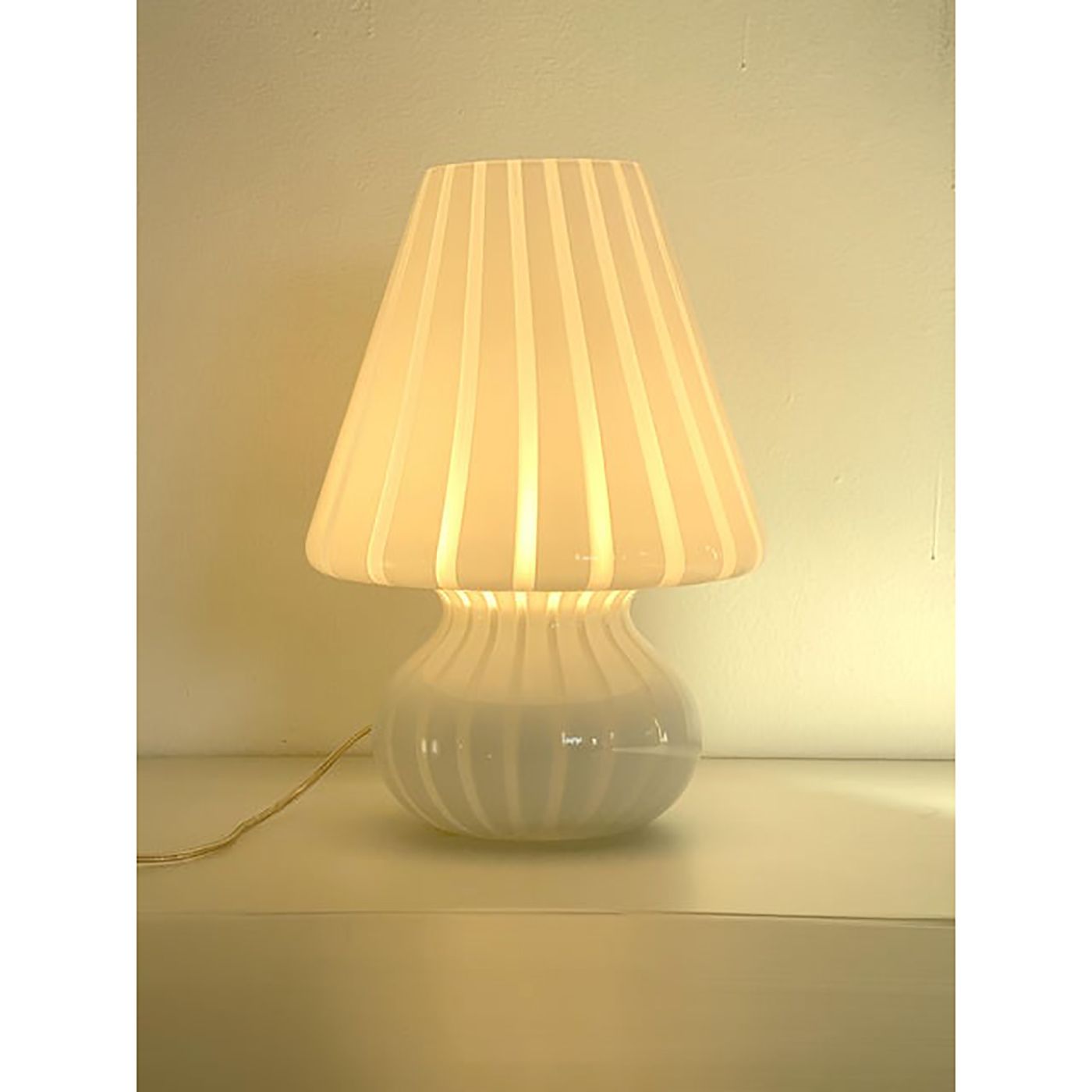 Mid Century Modern Striped Milky White "Fungo" Murano Glass Style Table Lamp photo vinterior