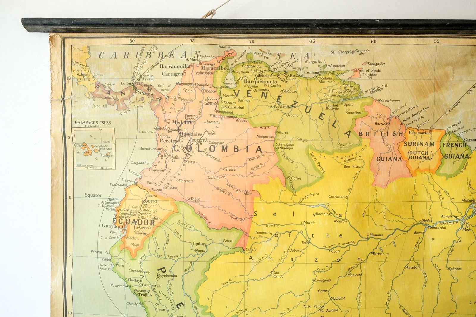 Original Large British Educational School Wall Chart South America Continent Map W & A.K. Johnston Beautiful Rare photo vinterior