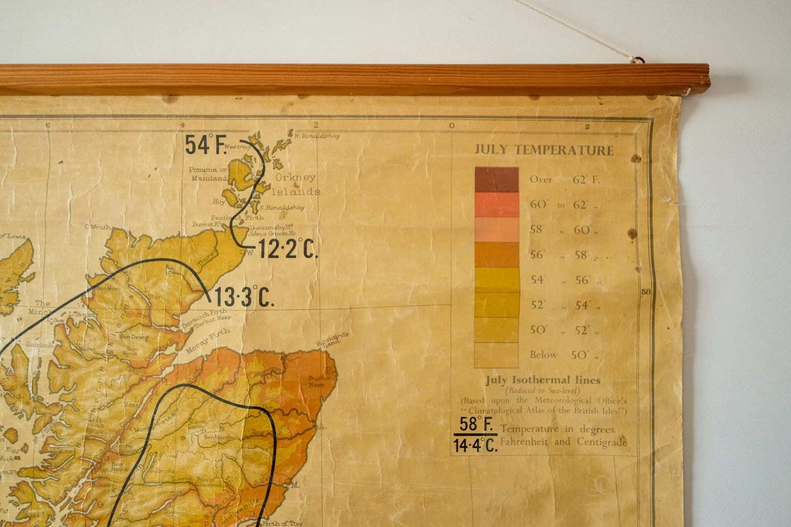 Original 1950s Vintage British Educational School Wall Chart Map July Temperatures Beautiful George Philip & Son photo Art