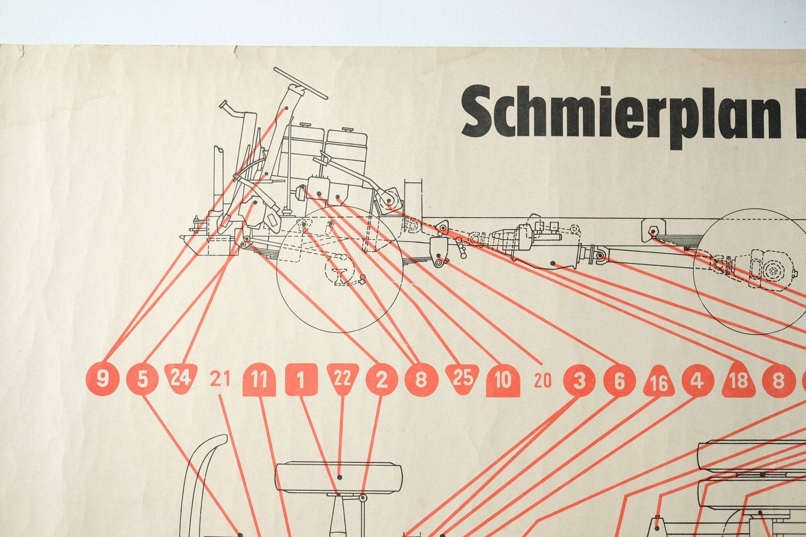 Original Scientific Technical Vintage German School Wall Chart Lubrication Ifa W50 Industrial Flatbed Truck Rare Educational photo for sale