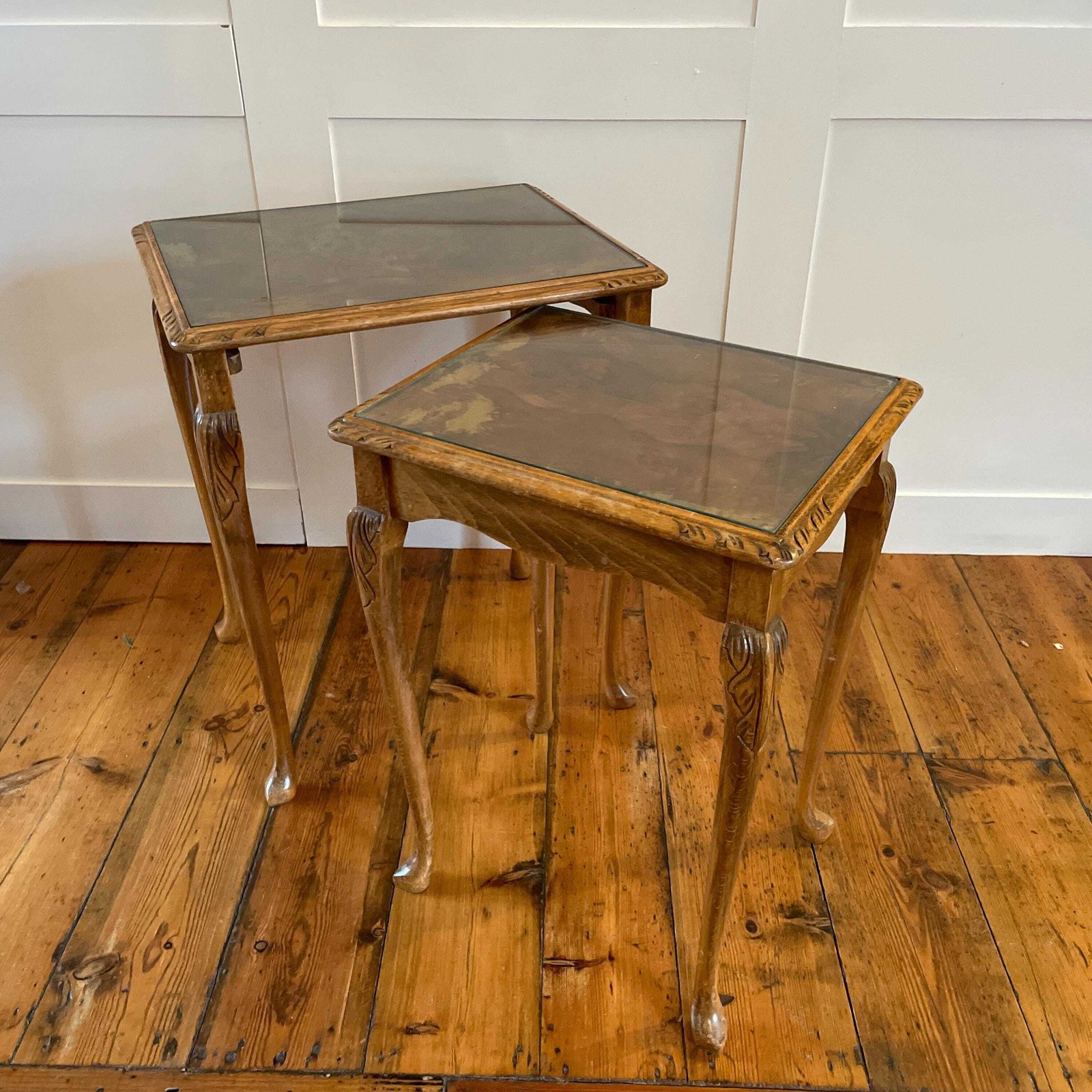 2 Vintage Antique Wooden Rectangle Nest Coffee Table Tables Handmade Wood Brown Rustic Farmhouse Cottage 2 Tiers Glass Top Carved photo furniture