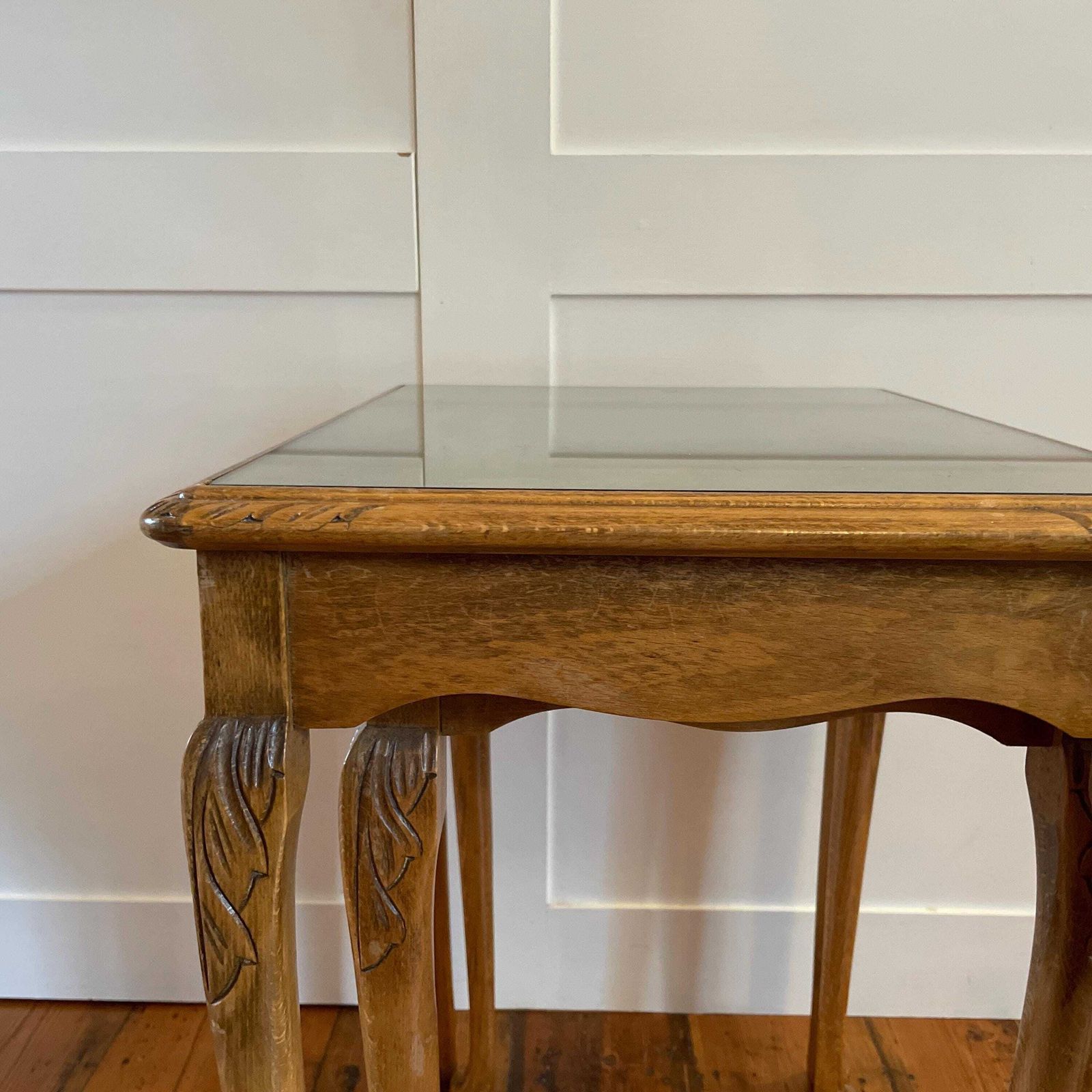 2 Vintage Antique Wooden Rectangle Nest Coffee Table Tables Handmade Wood Brown Rustic Farmhouse Cottage 2 Tiers Glass Top Carved photo vintage