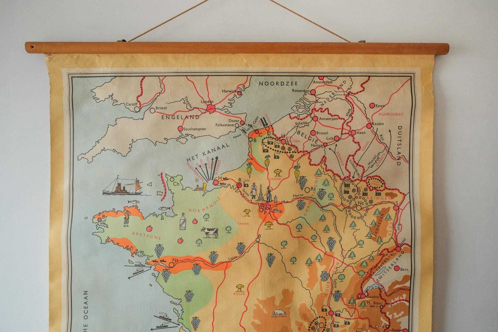 Original Vintage Mid Century Dutch Educational School Wall Chart France Map Geography photo furniture