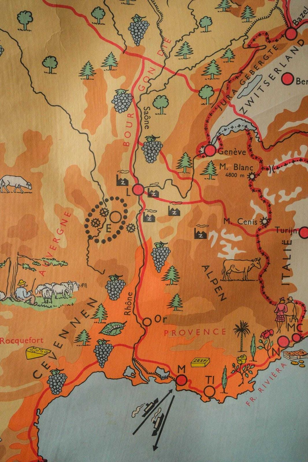 Original Vintage Mid Century Dutch Educational School Wall Chart France Map Geography photo Art