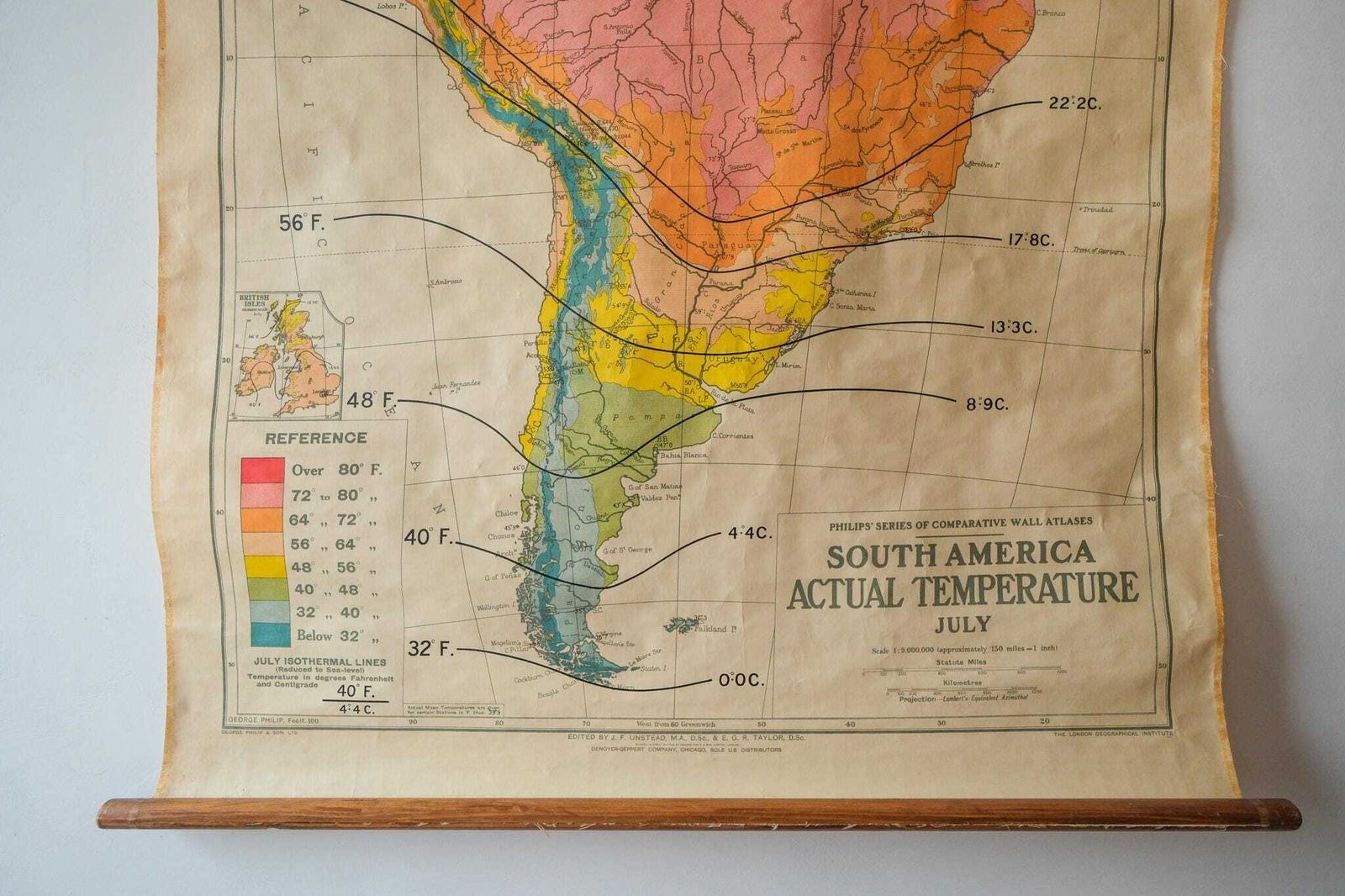 Original 1950s Vintage British Educational School Wall Chart Map South America July Temperatures Beautiful George Philip & Son photo Art