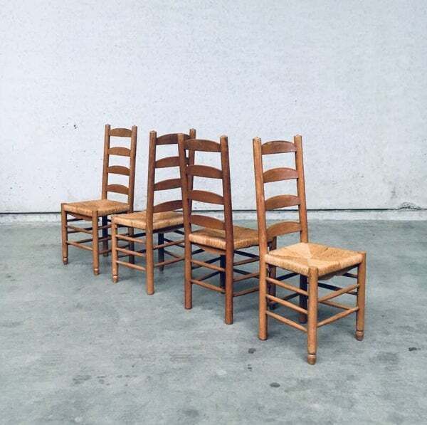 Rustieke Eiken Eetkamerstoelen Met Hoge Spijlenrug En Rieten Zitting, België, Ca. Jaren 1950 photo furniture
