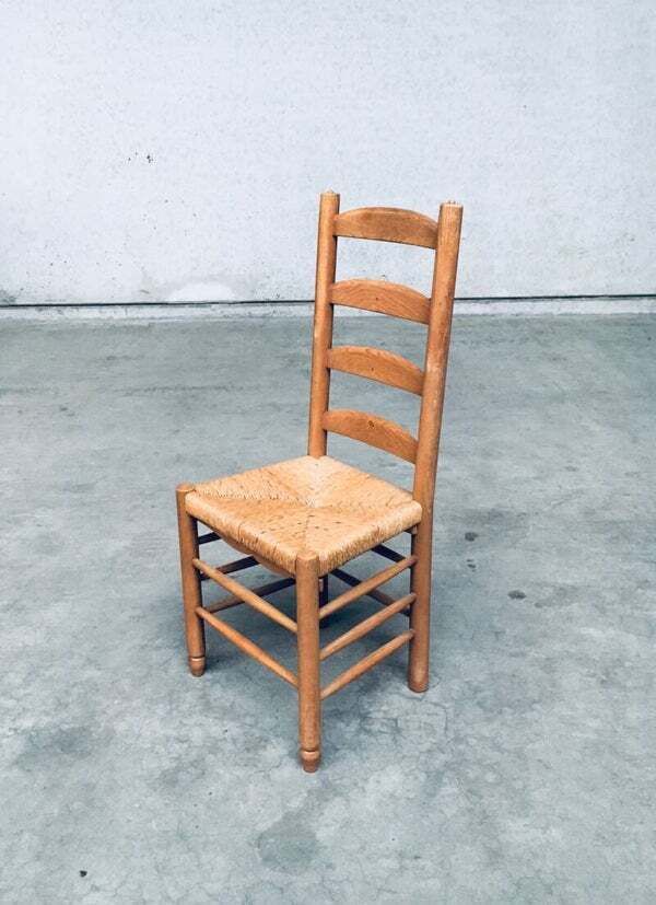 1400.0 Rustieke Eiken Eetkamerstoelen Met Hoge Spijlenrug En Rieten Zitting, België, Ca. Jaren 1950 photo