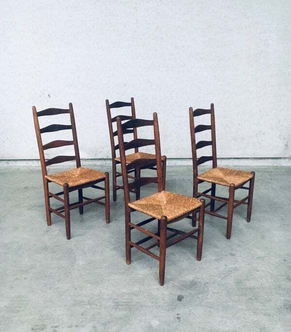 Rustic Handcrafted Oak & Rush High Back Dining Chairs, 1940's Belgium photo furniture