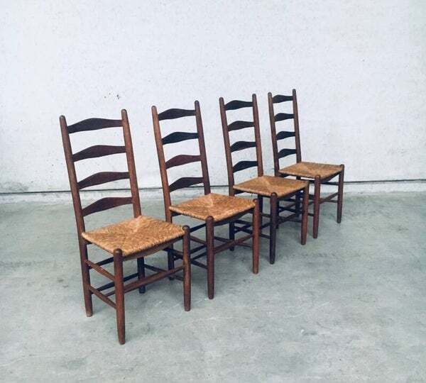Rustic Handcrafted Oak & Rush High Back Dining Chairs, 1940's Belgium photo Furniture