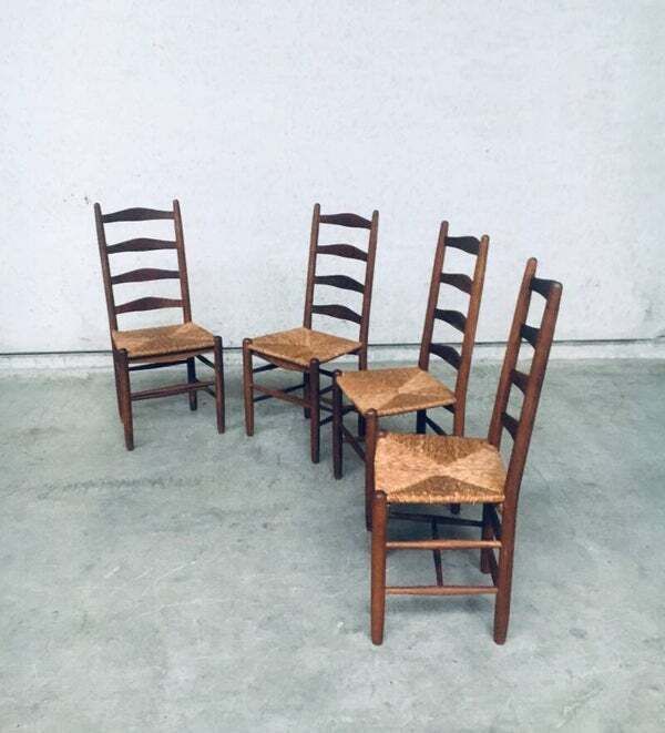 Rustic Handcrafted Oak & Rush High Back Dining Chairs, 1940's Belgium photo 900.0