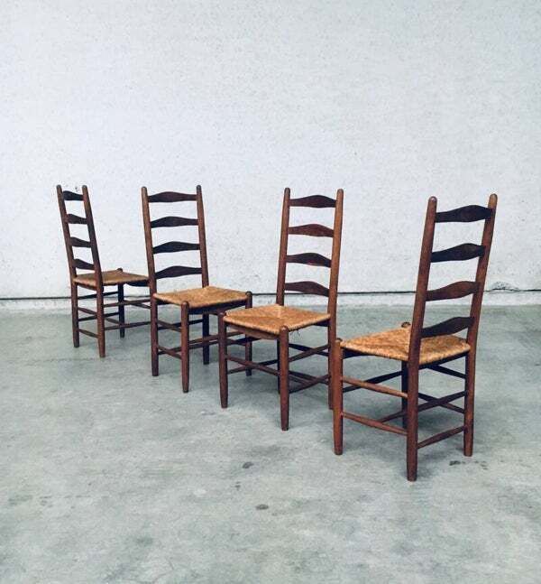 Rustic Handcrafted Oak & Rush High Back Dining Chairs, 1940's Belgium photo buy