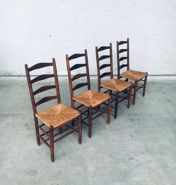 photo for sale Rustic Handcrafted Oak & Rush High Back Dining Chairs, 1940's Belgium