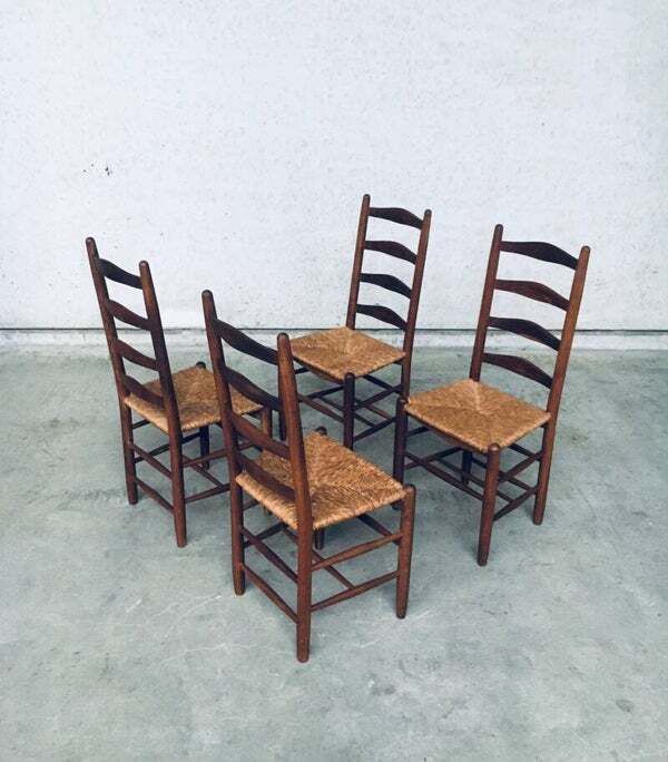 900.0 Rustic Handcrafted Oak & Rush High Back Dining Chairs, 1940's Belgium photo
