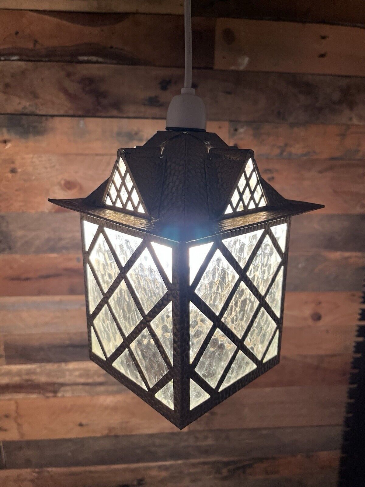 1 Antique Arts & Crafts Textured Brass & Glass Pendant Lantern Porch Lamp Light photo furniture