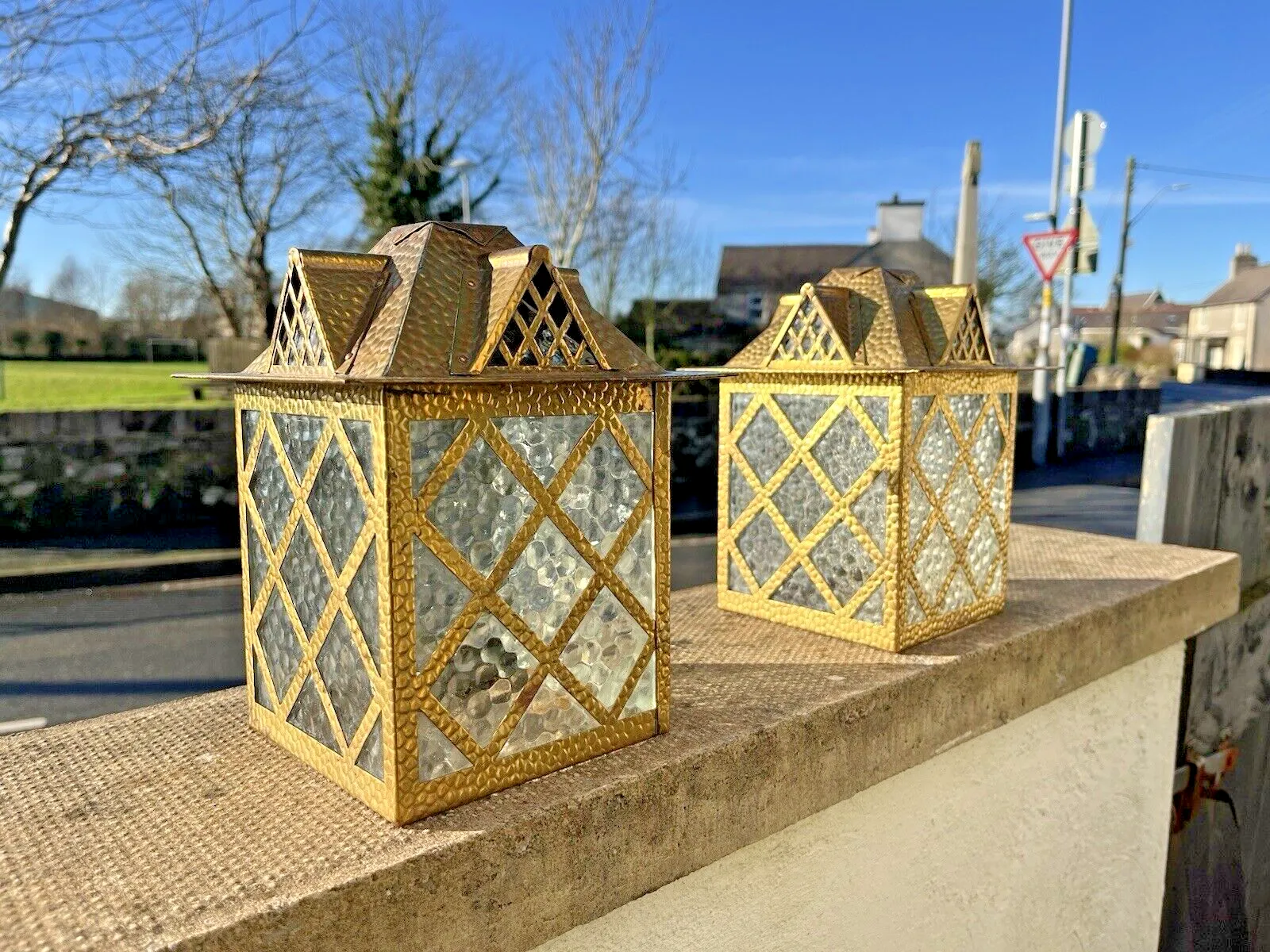 1 Antique Arts & Crafts Textured Brass & Glass Pendant Lantern Porch Lamp Light photo buy