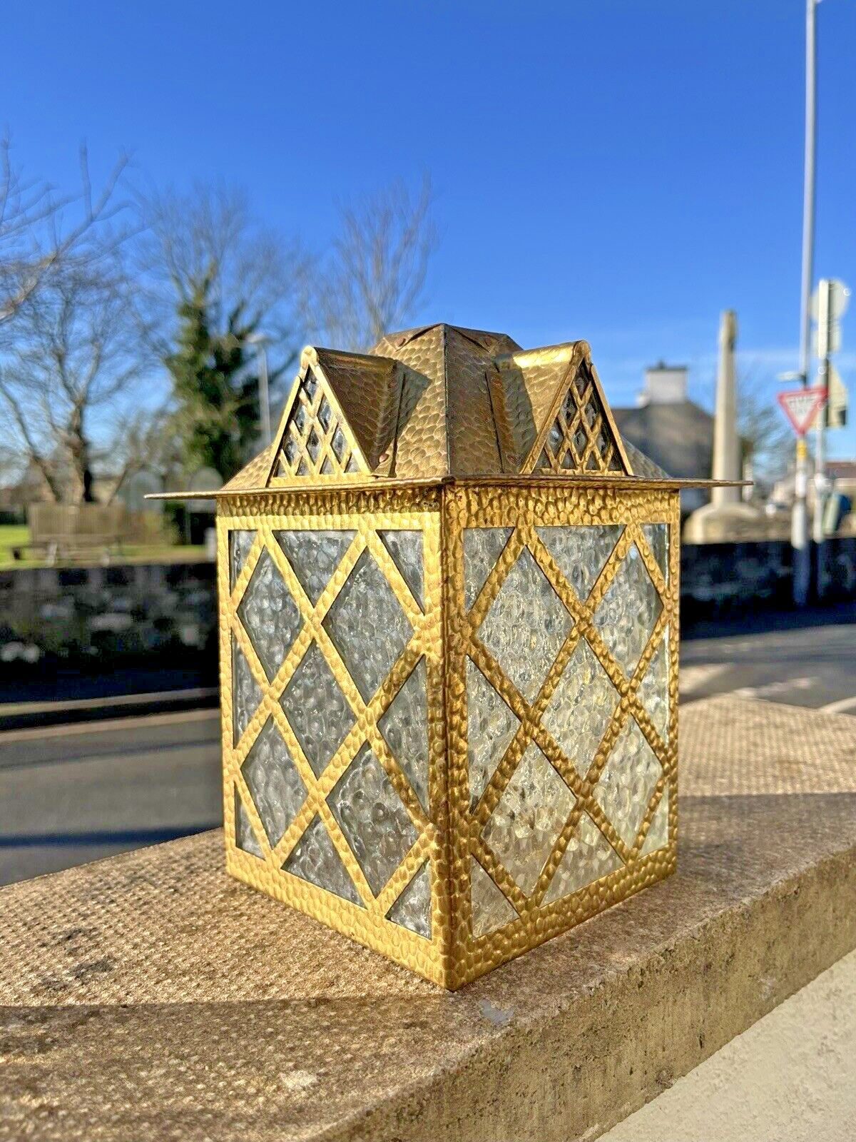 photo for sale 1 Antique Arts & Crafts Textured Brass & Glass Pendant Lantern Porch Lamp Light