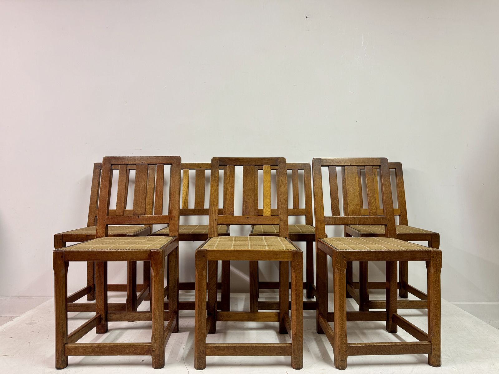 Set Of Seven Arts And Crafts Oak Dining Chairs photo for sale