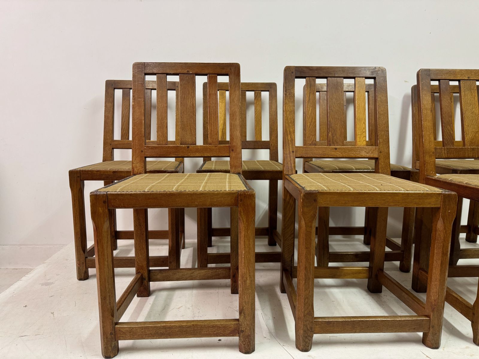 Set Of Seven Arts And Crafts Oak Dining Chairs photo buy