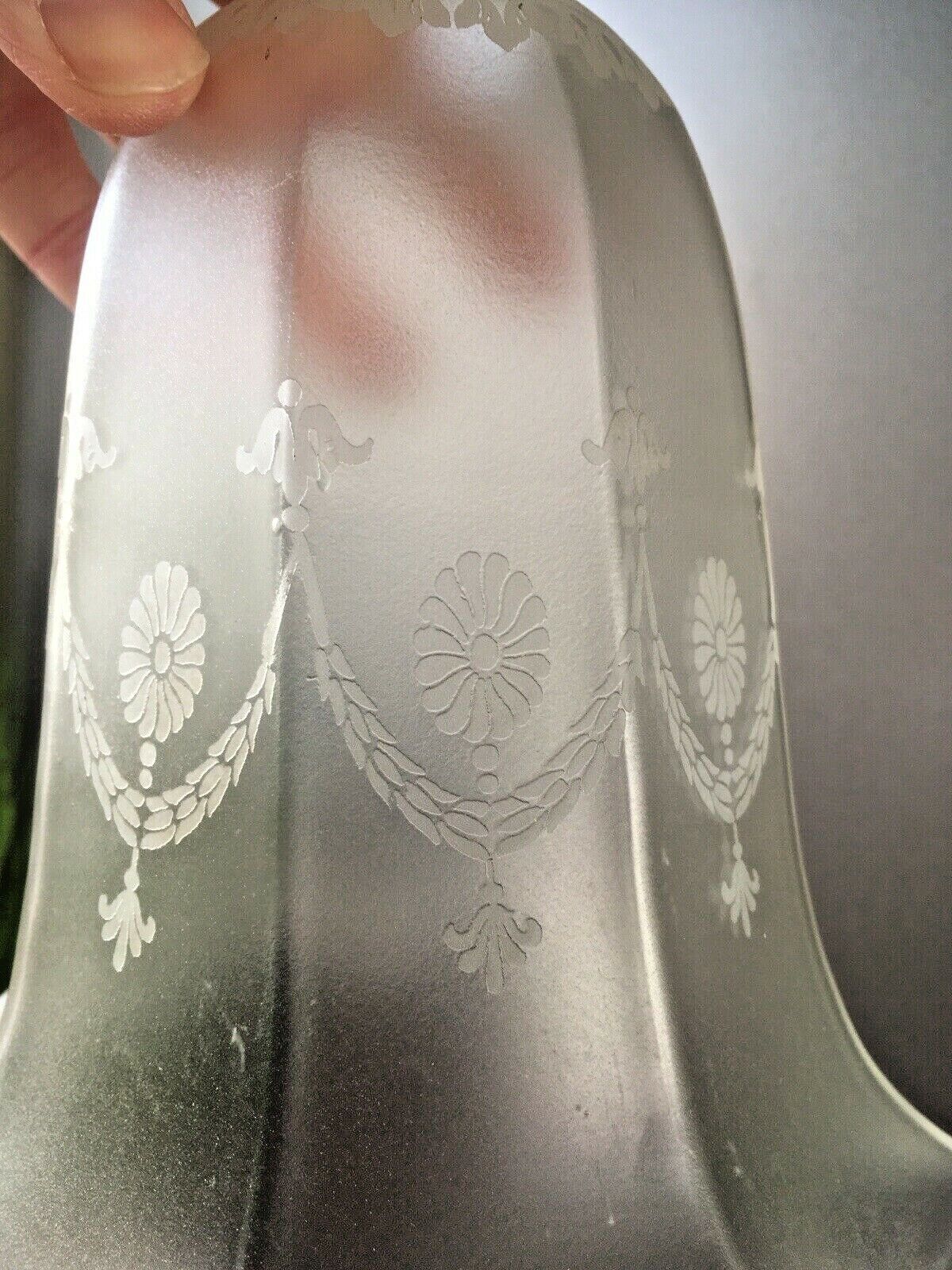 Etched Victorian Frosted Glass Swag Octagonal Trailed Fluted Shade Edwardian Era photo vintage