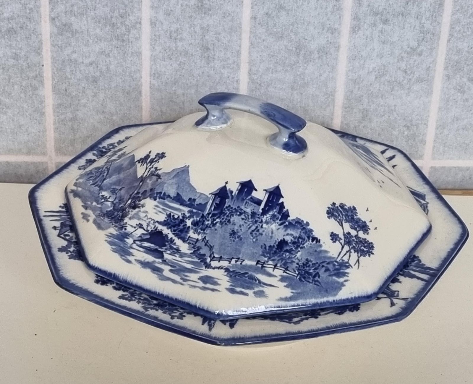 Royal Doulton Norfolk Dish | Vintage Blue White Covered Serving Bowl | English China Landscape Scene | Octagonal photo Home Decor