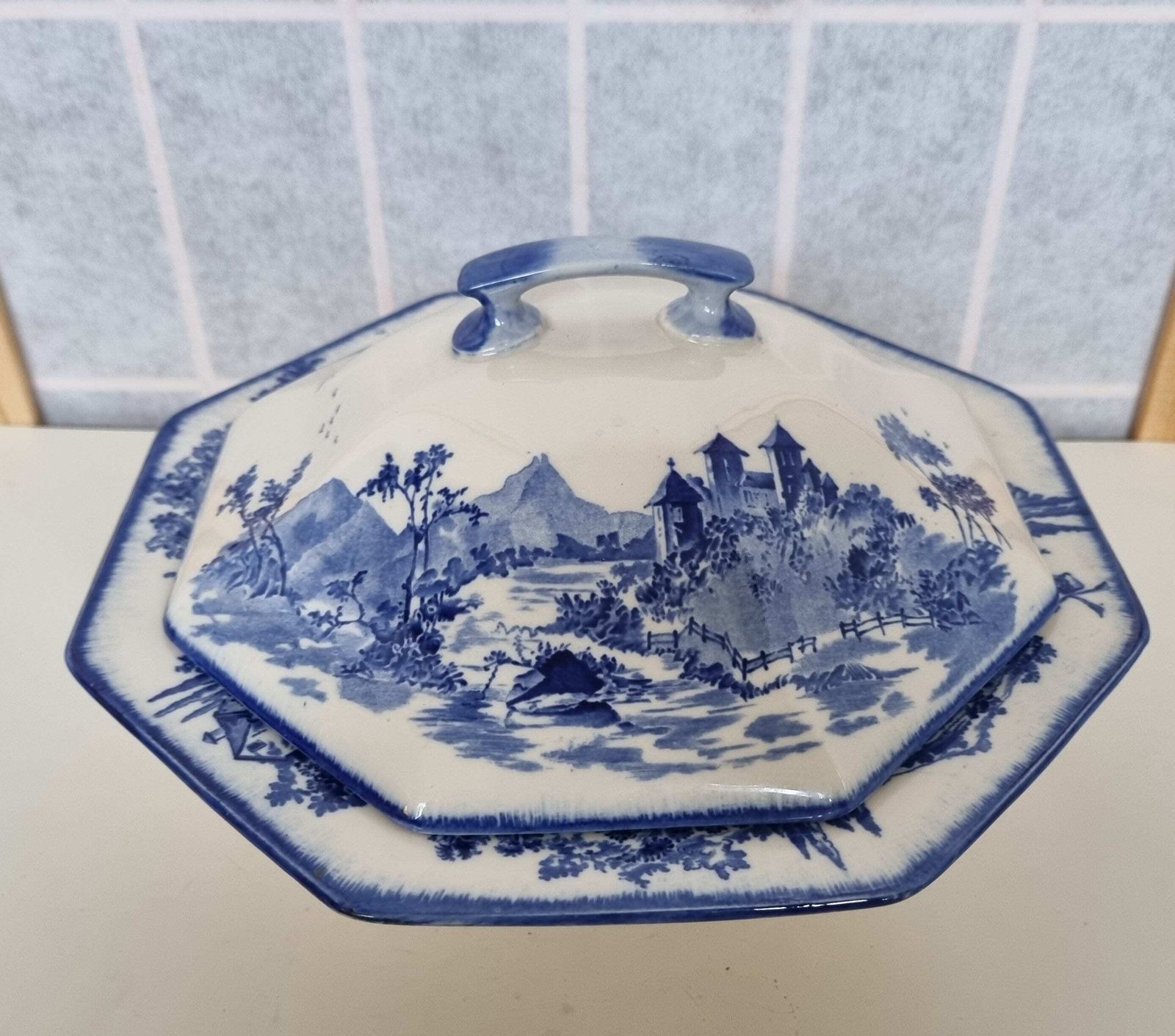 Royal Doulton Norfolk Dish | Vintage Blue White Covered Serving Bowl | English China Landscape Scene | Octagonal photo vinterior