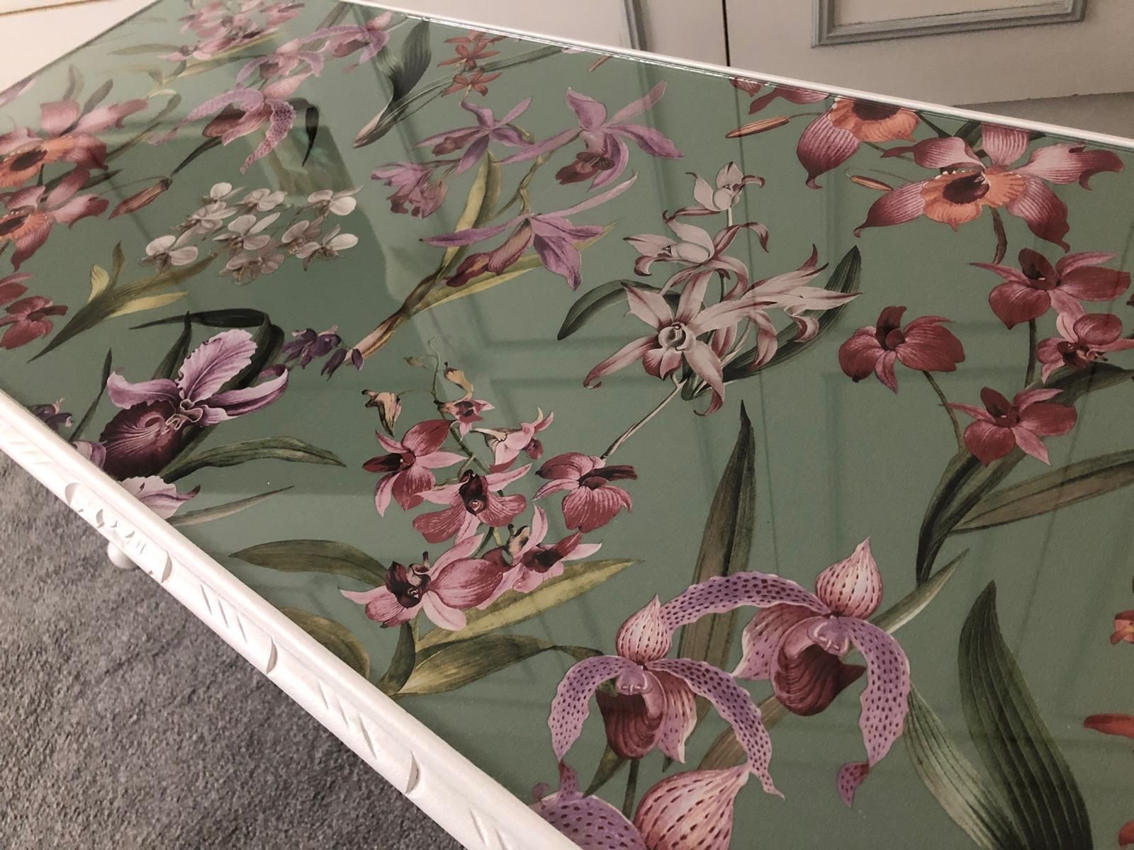 Glazed Coffee Table Satin White Paint Finish And Jade Green And Floral Paper Top photo buy