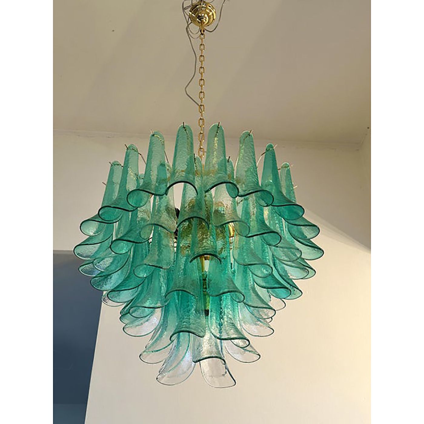 Mid Century Modern Style Green Wather "Sella" Petali Chandelier In Mazzega Style photo furniture
