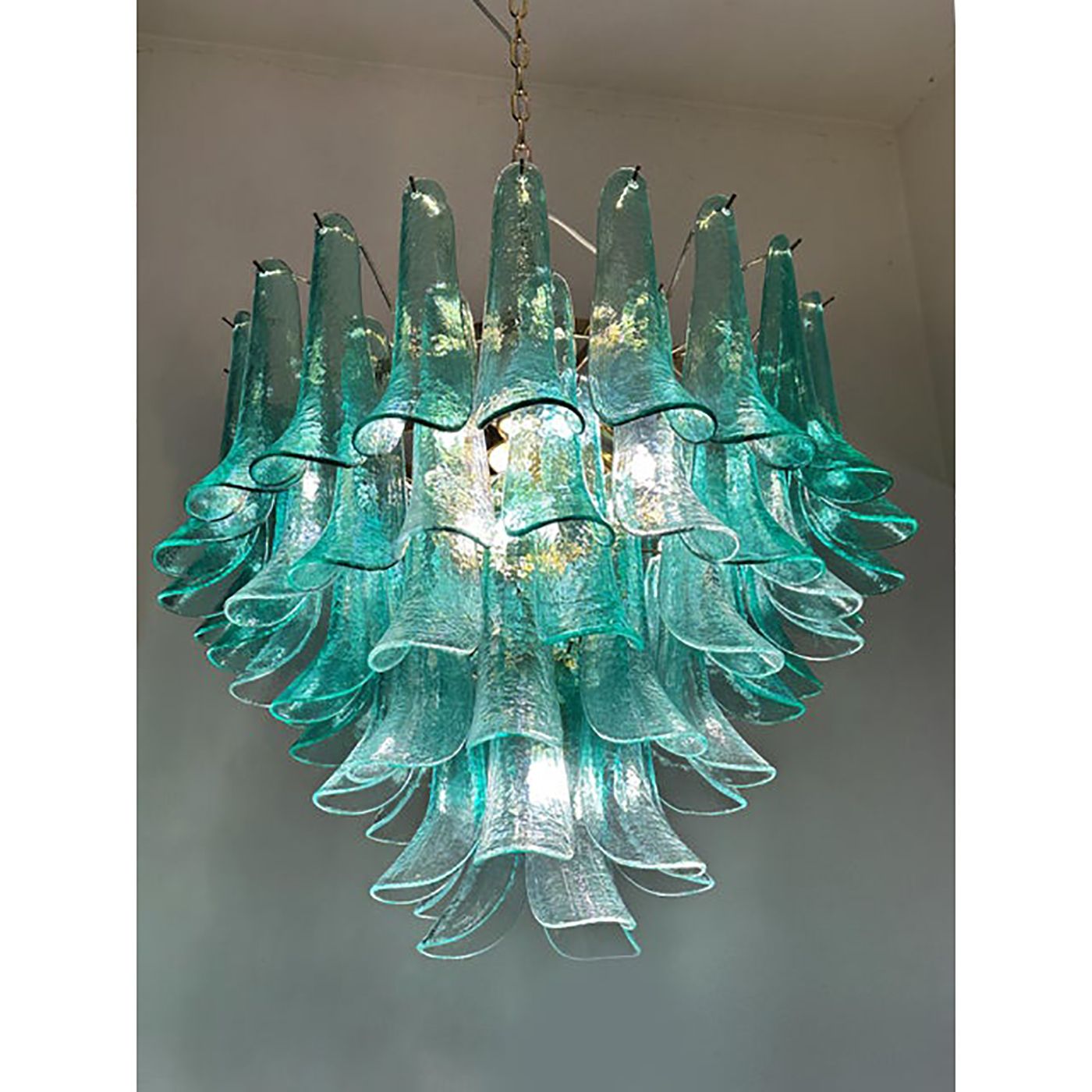 Mid Century Modern Style Green Wather "Sella" Petali Chandelier In Mazzega Style photo Lighting