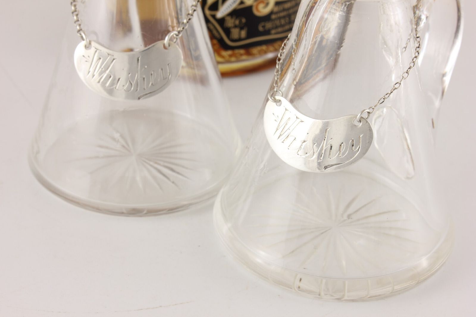 Pair Silver Mounted Glass Whisky Noggins & Tot Labels Hukin & Heath 1910. photo 650.0