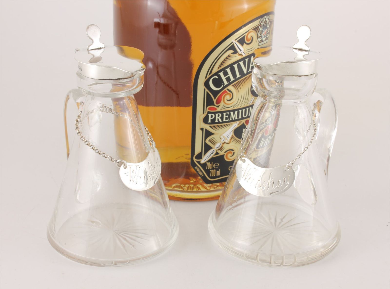 650.0 Pair Silver Mounted Glass Whisky Noggins & Tot Labels Hukin & Heath 1910. photo