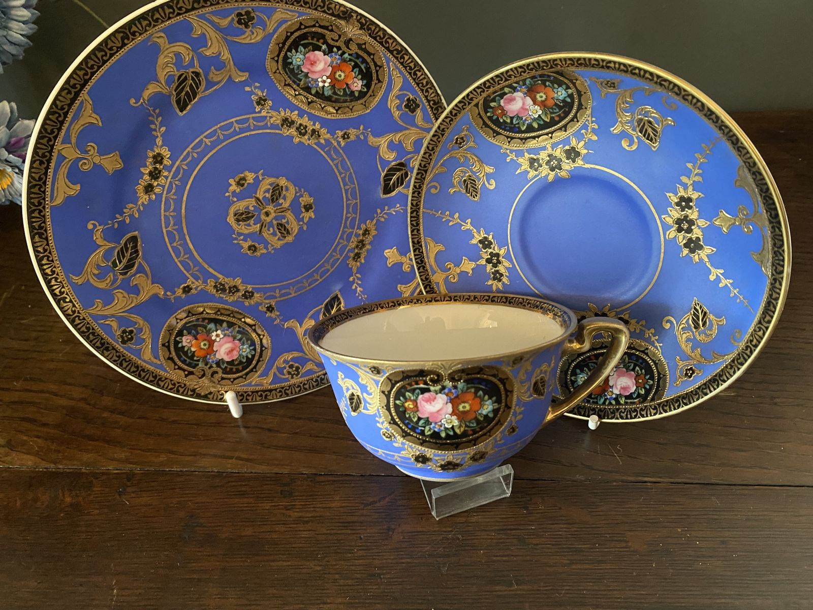 Very Attractive Noritake Trio In Vibrant Blue Rare Porcelain