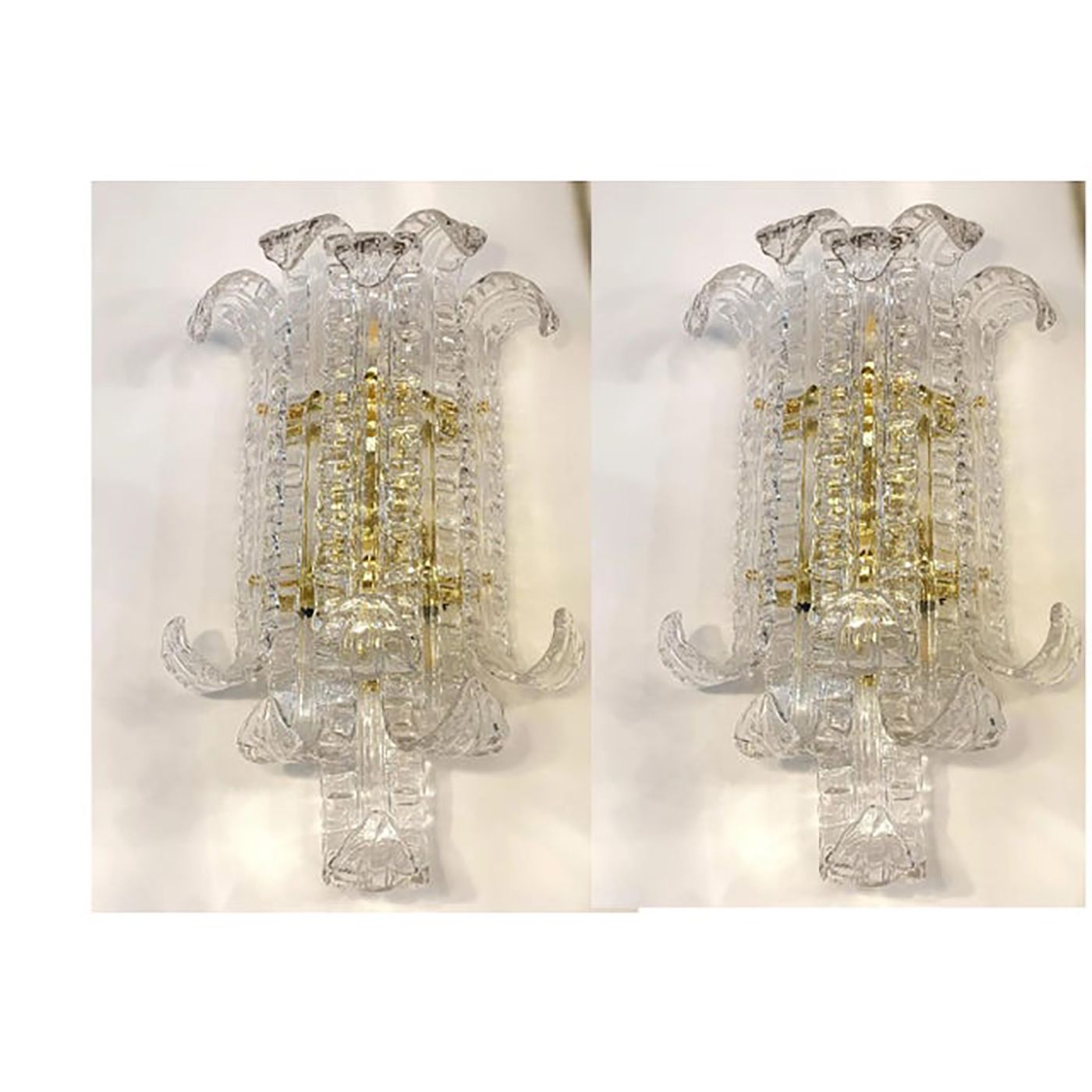 photo for sale A Pair Of Contemporary Transparent "Lingue" Murano Glass Wall Lamp In Barovier Style