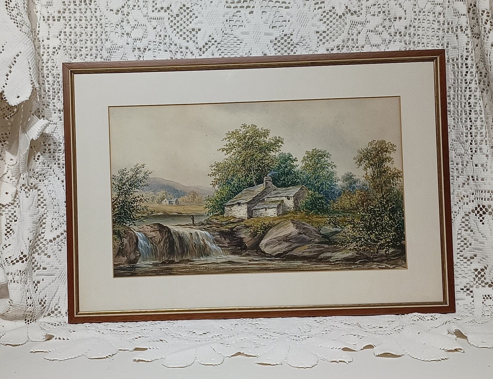 Antique Watercolour Painting Highland River Cottage Landscape British Signed L.Lewis.