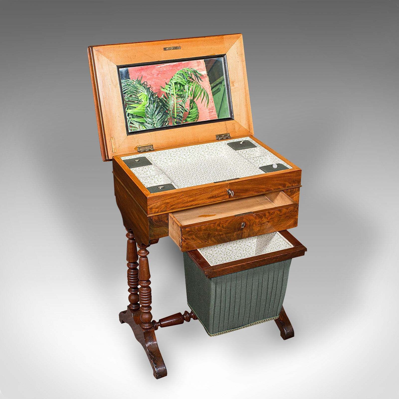 Antique Ladies Work Box, English, Flame, Sewing, Haberdashery Table, Victorian photo furniture