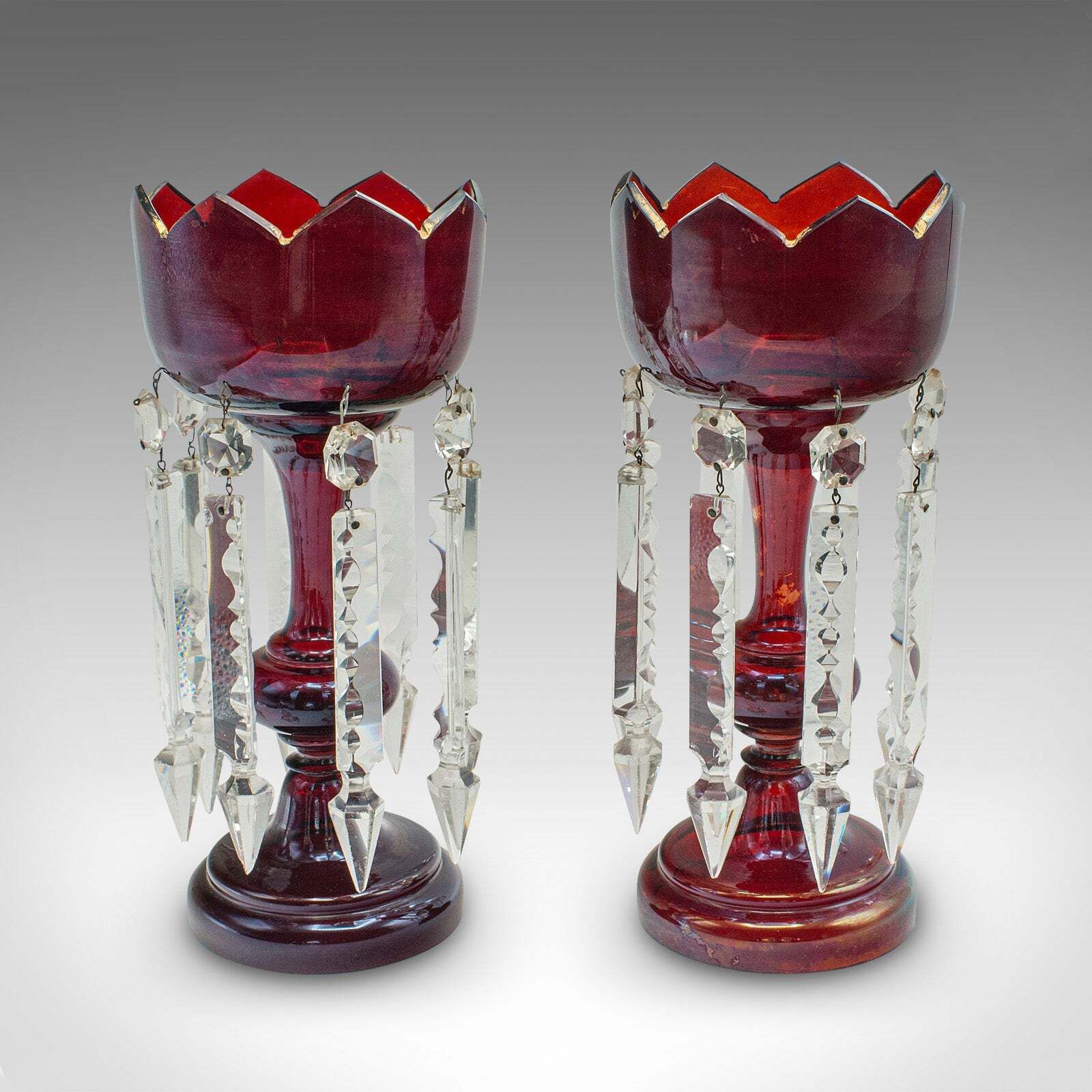 Pair Of Antique Cranberry Lustres, English, Glass, Candle Lamp, Victorian, 1900 photo furniture