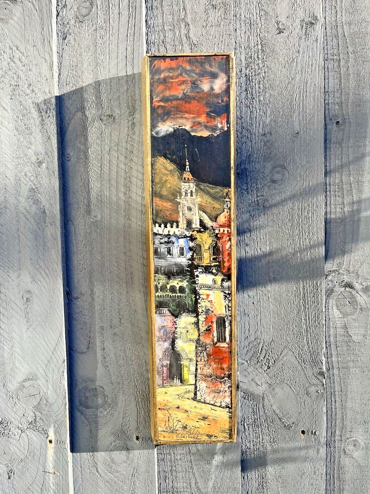 Framed Board Painting Medieval European Street Scene Clock Tower Bert Pumphrey photo furniture