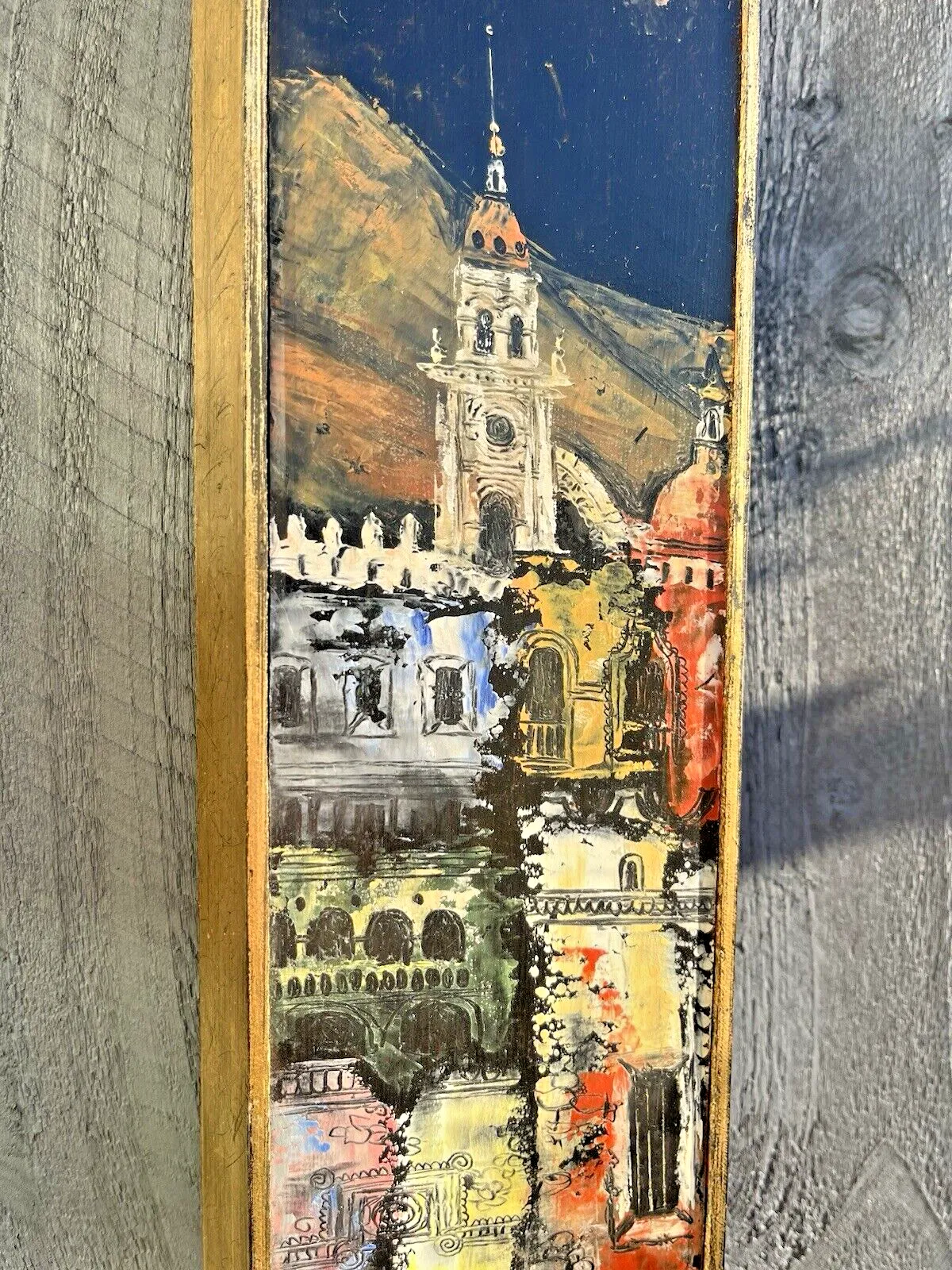 Framed Board Painting Medieval European Street Scene Clock Tower Bert Pumphrey photo vinterior