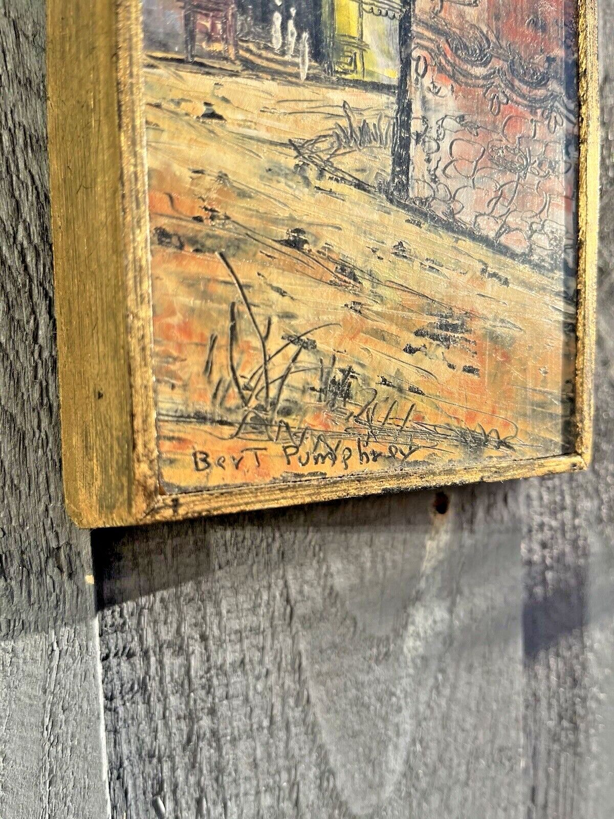Framed Board Painting Medieval European Street Scene Clock Tower Bert Pumphrey photo buy