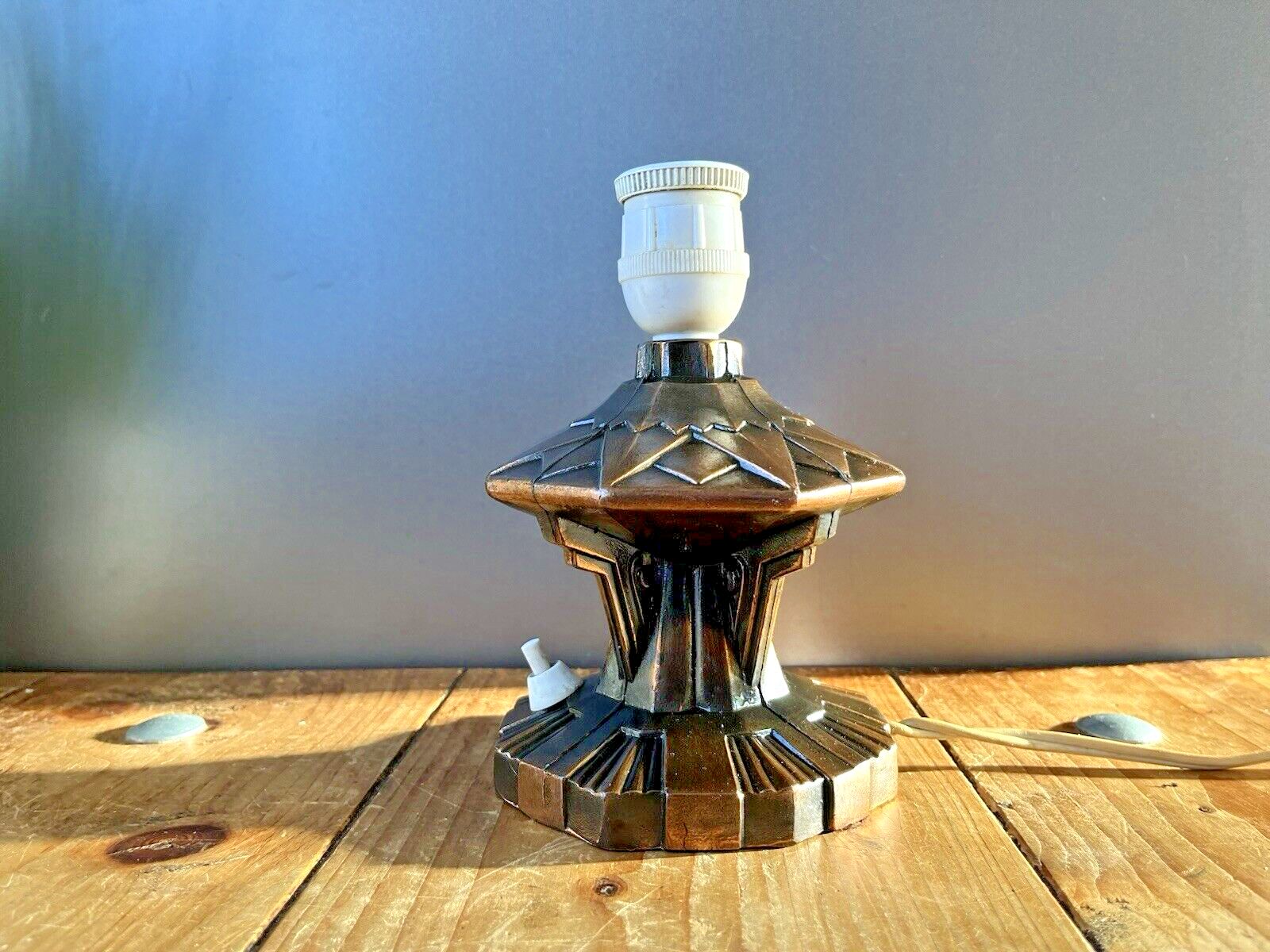 Lighting Superb 20s French Art Deco Geometric Copper Tone Metal Lamp Base Interior Design photo