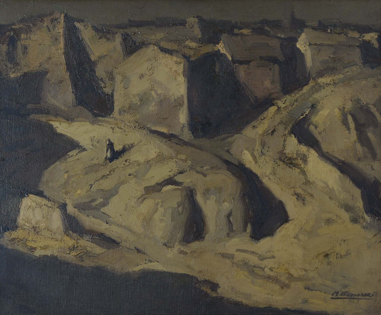 Dorpslandschap Met Figuur   Miguel ángel Echauri (Geb. 1927, Pamplona, Spanje)