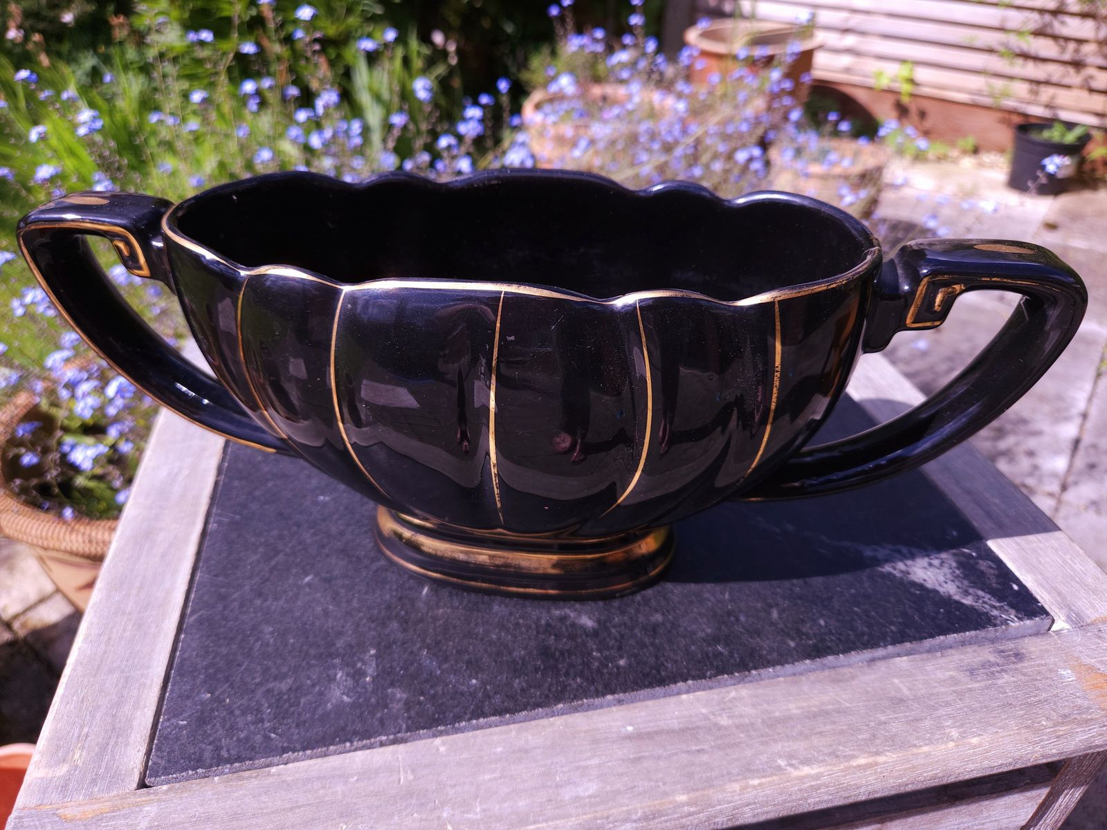 Impressive Art Deco Black Scalloped Mantle Vase With Gold Trim By Sadler photo furniture