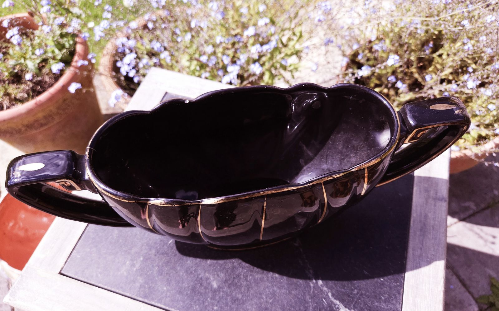 Impressive Art Deco Black Scalloped Mantle Vase With Gold Trim By Sadler photo Home Decor